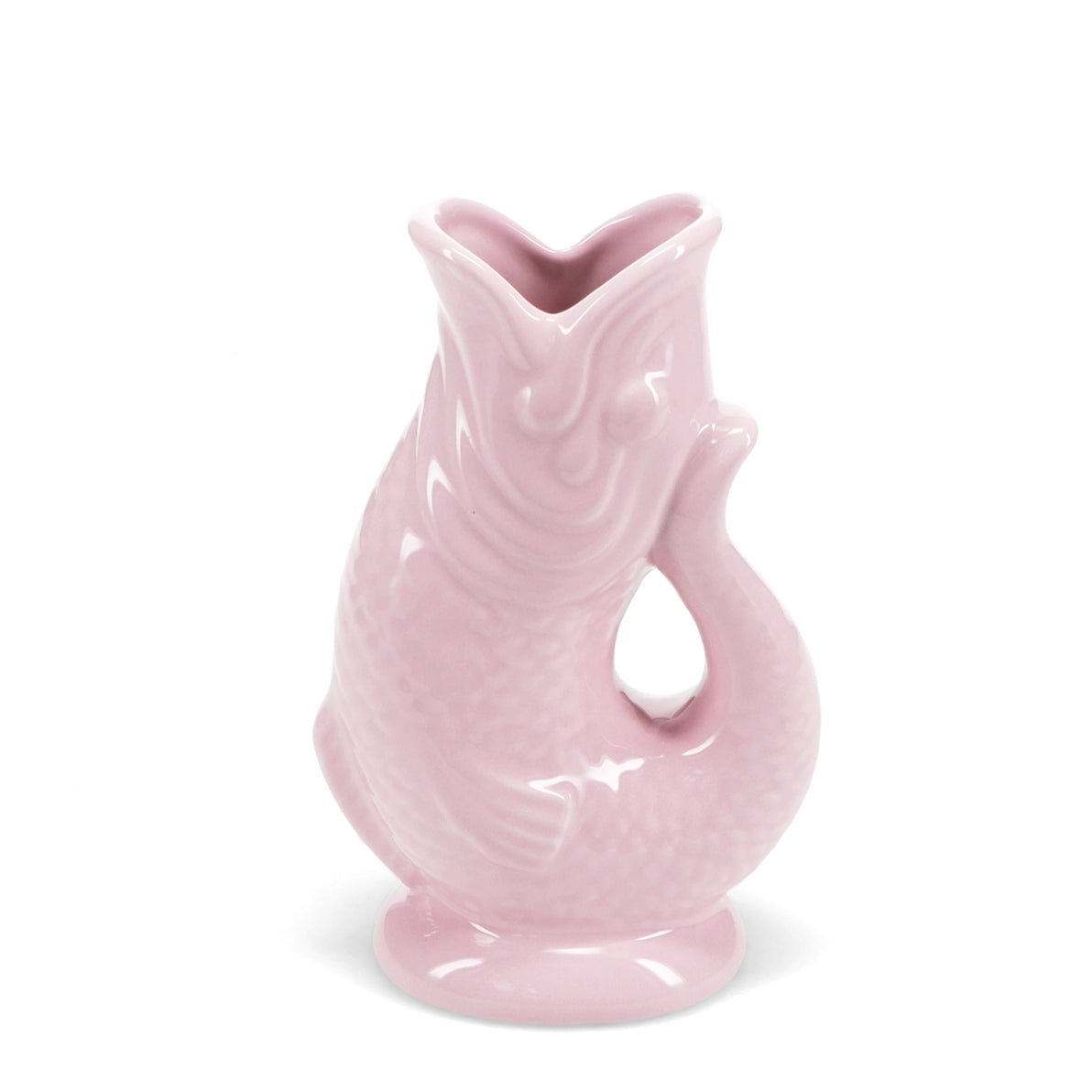 Pink ceramic fish vase with glossy glaze and open mouth design, 17cm tall.