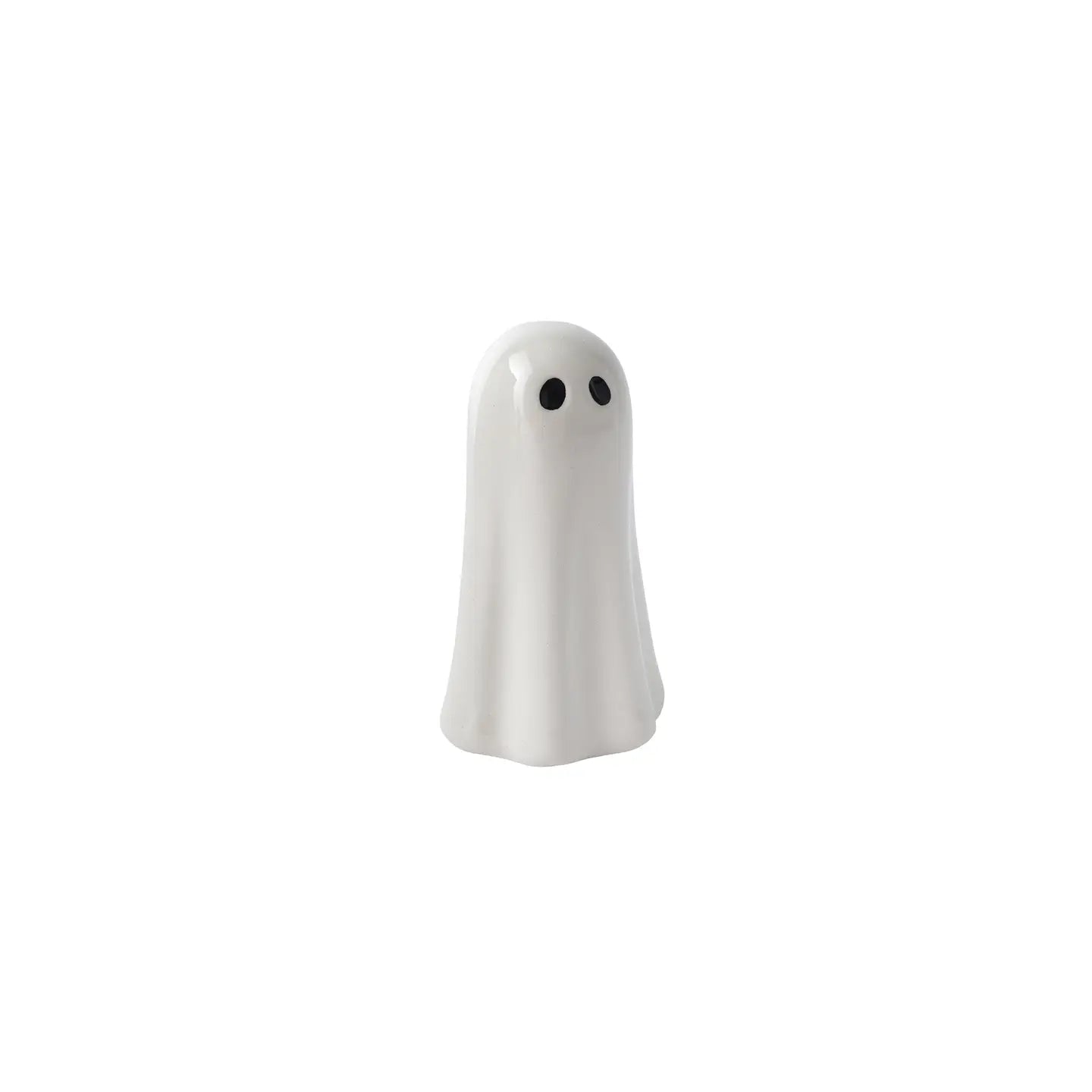 Angled view: Minimalist ceramic ghost with soft folds and eye detail.