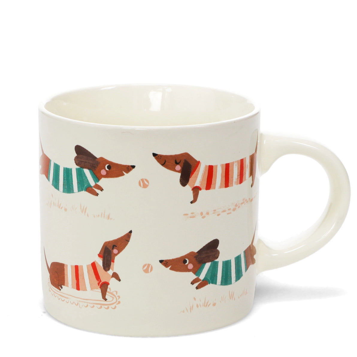 Ceramic mug featuring dachshunds in red and green stripy jumpers, playful sausage dog design, 350ml capacity.