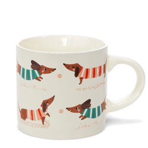 Ceramic mug featuring dachshunds in red and green stripy jumpers, playful sausage dog design, 350ml capacity.