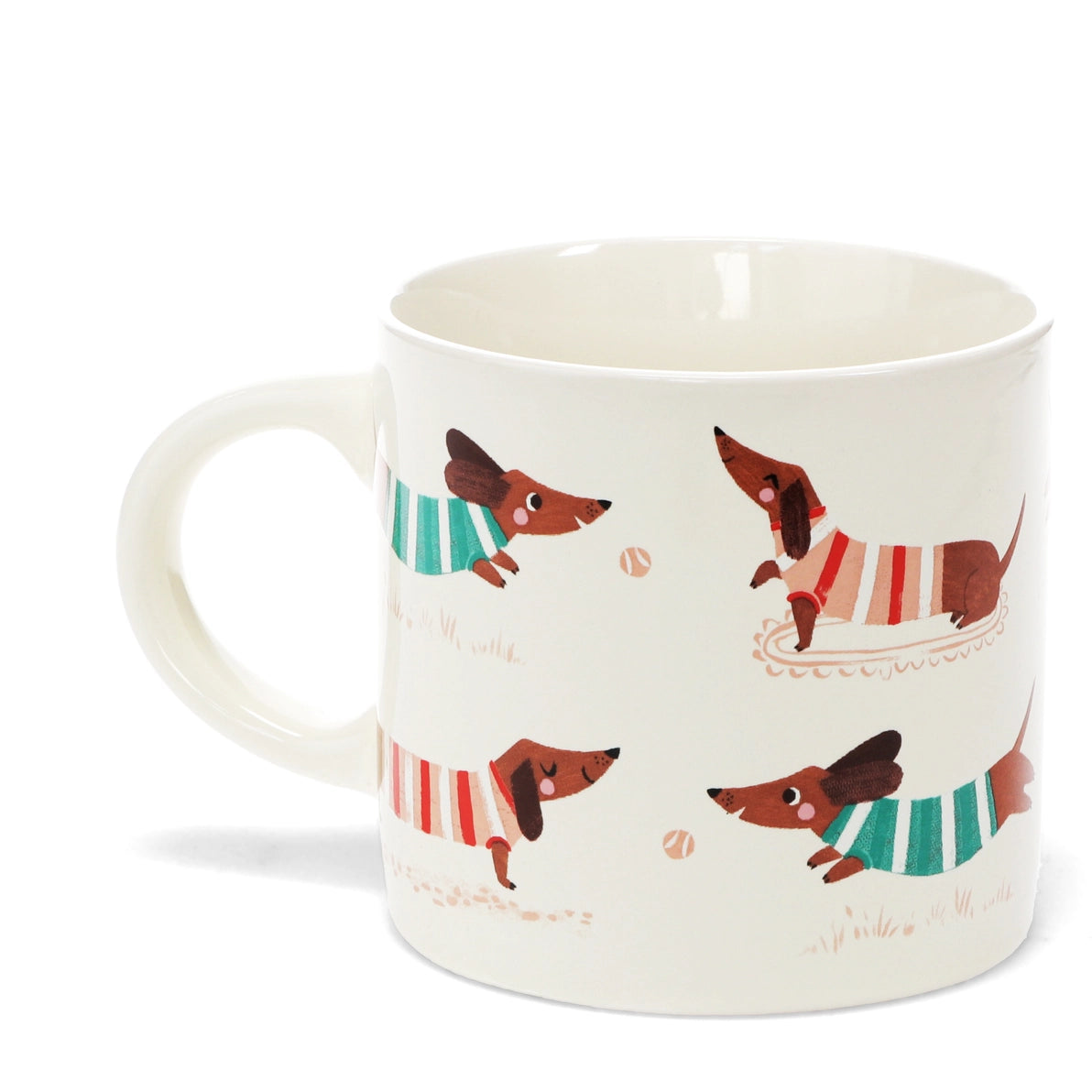 Cute sausage dog ceramic mug showing dachshunds in colourful striped jumpers, ideal gift for dog lovers, 350ml mug.