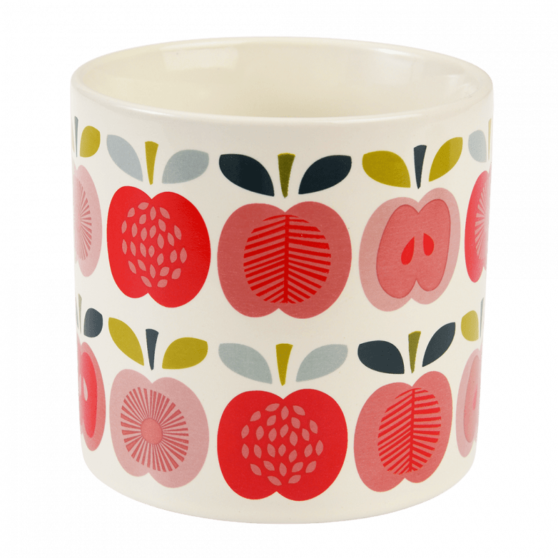 Back view of Vintage Apple mug showing repeating retro fruit pattern in alternating designs.
