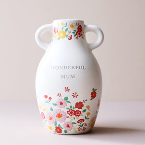 Front view of the Ceramic Wonderful Mum Floral Vase featuring a cream glaze with floral detailing and “Wonderful Mum” engraving.