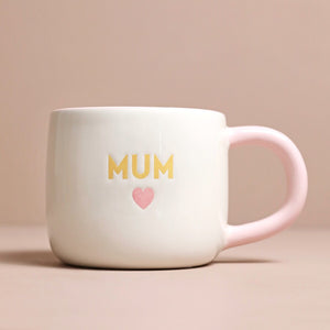 Front view of the Ceramic Pink Heart Mum Mug with yellow text and pink heart design.