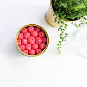 Cherry CandleCan displayed on white surface next to green plant and glass vase, showing bold cherry-shaped wax inside.
