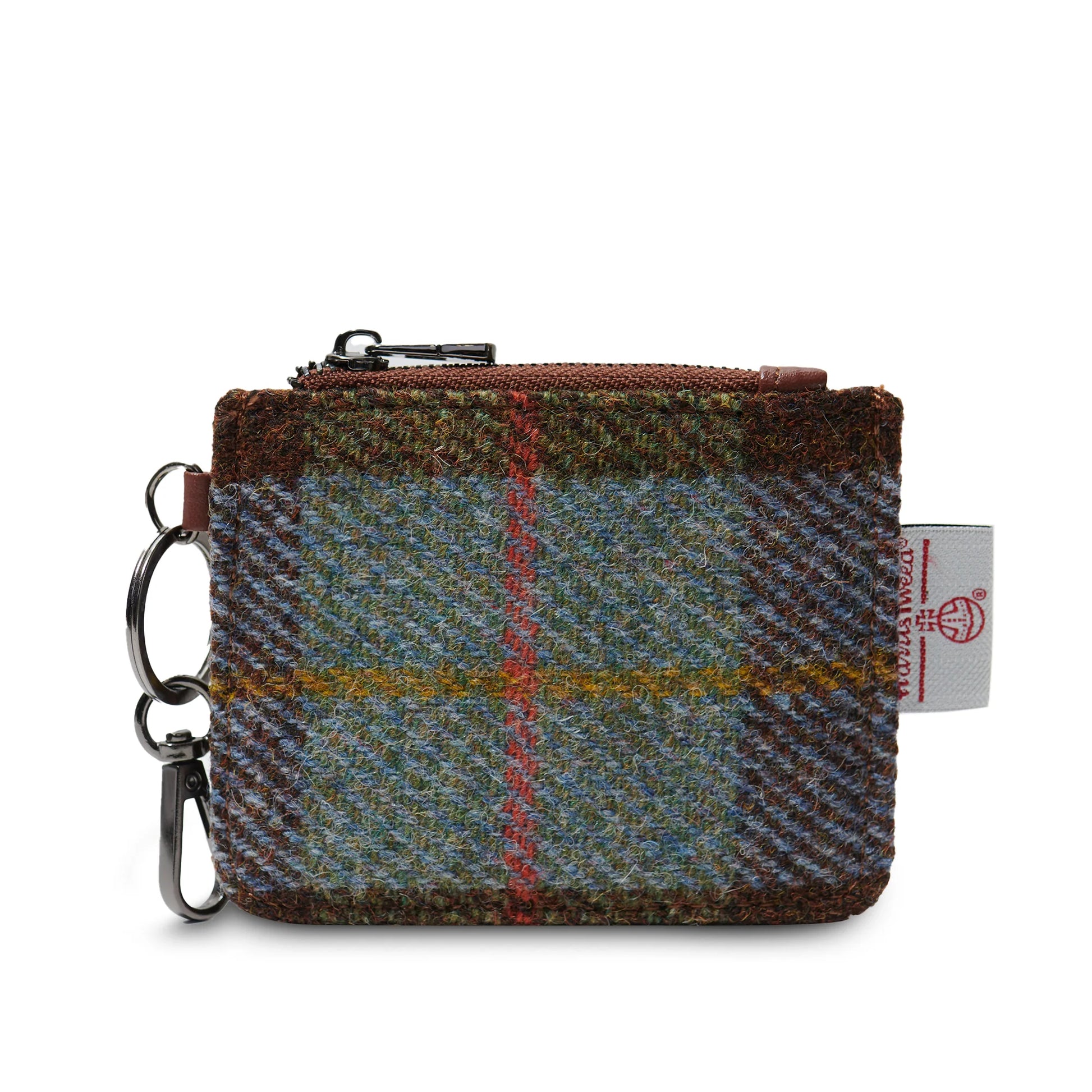 Chestnut and blue Harris Tweed® card zip wallet with leather front and keychain by Islander.