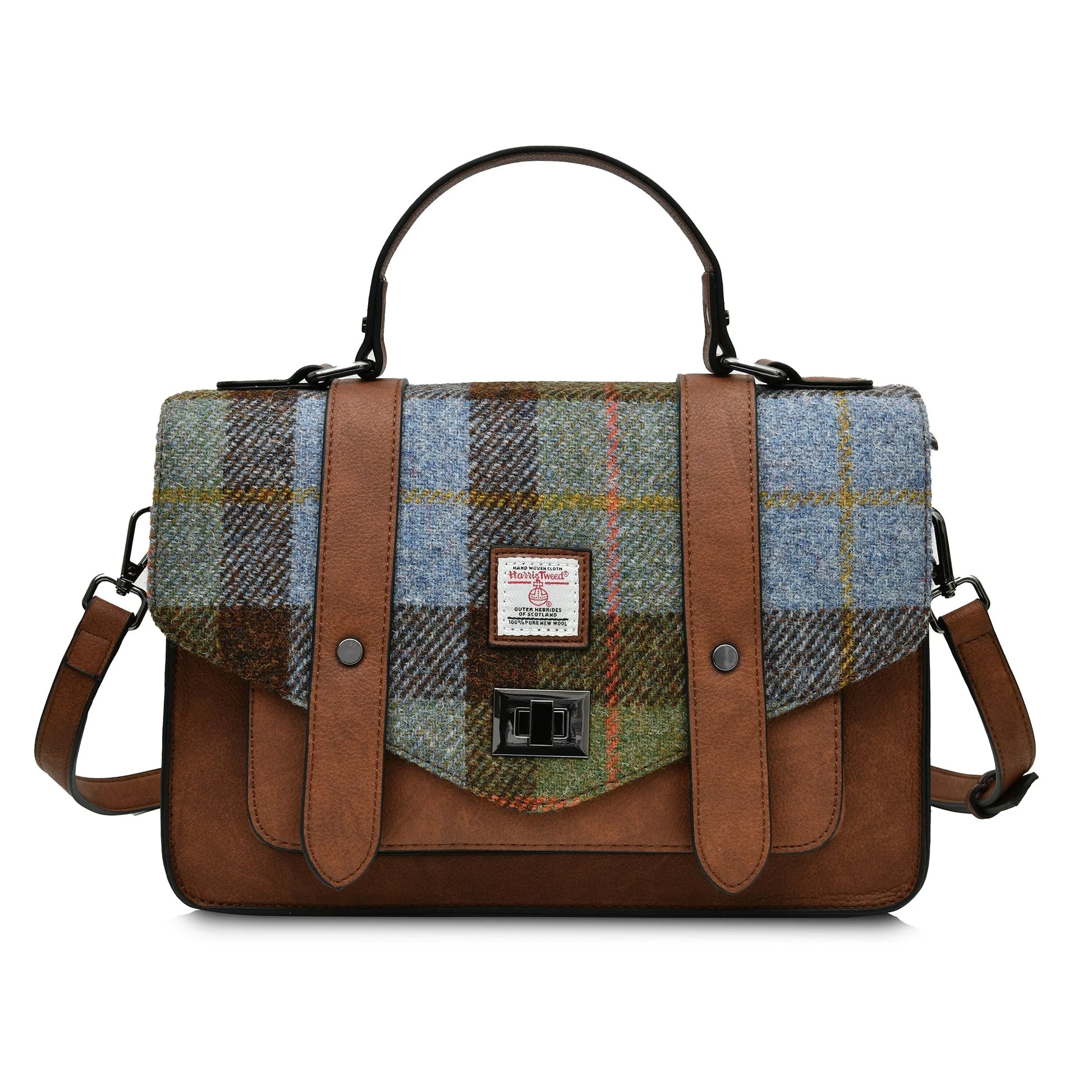 Front view of the Islander Chestnut & Blue Tartan Harris Tweed Satchel featuring classic buckle straps and Harris Tweed label.