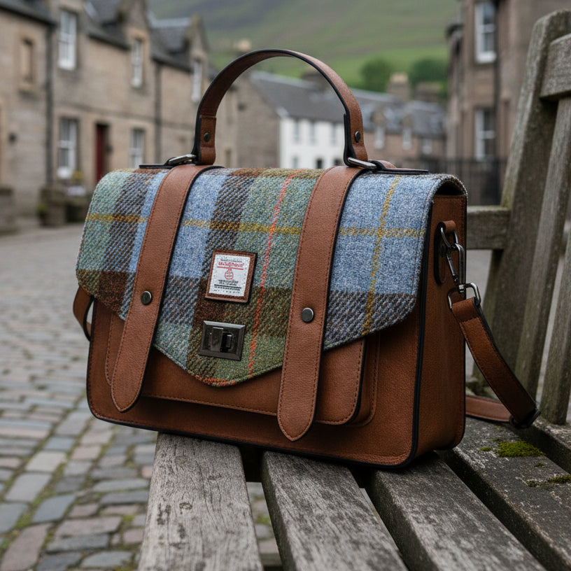Chestnut & Blue Tartan Satchels with Harris® Tweed
