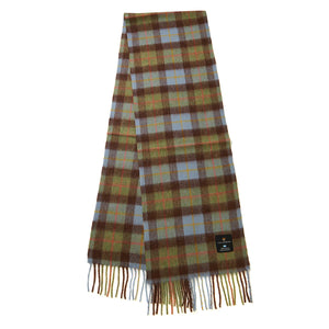 Chestnut and blue tartan lambswool scarf with fringed edges laid flat.