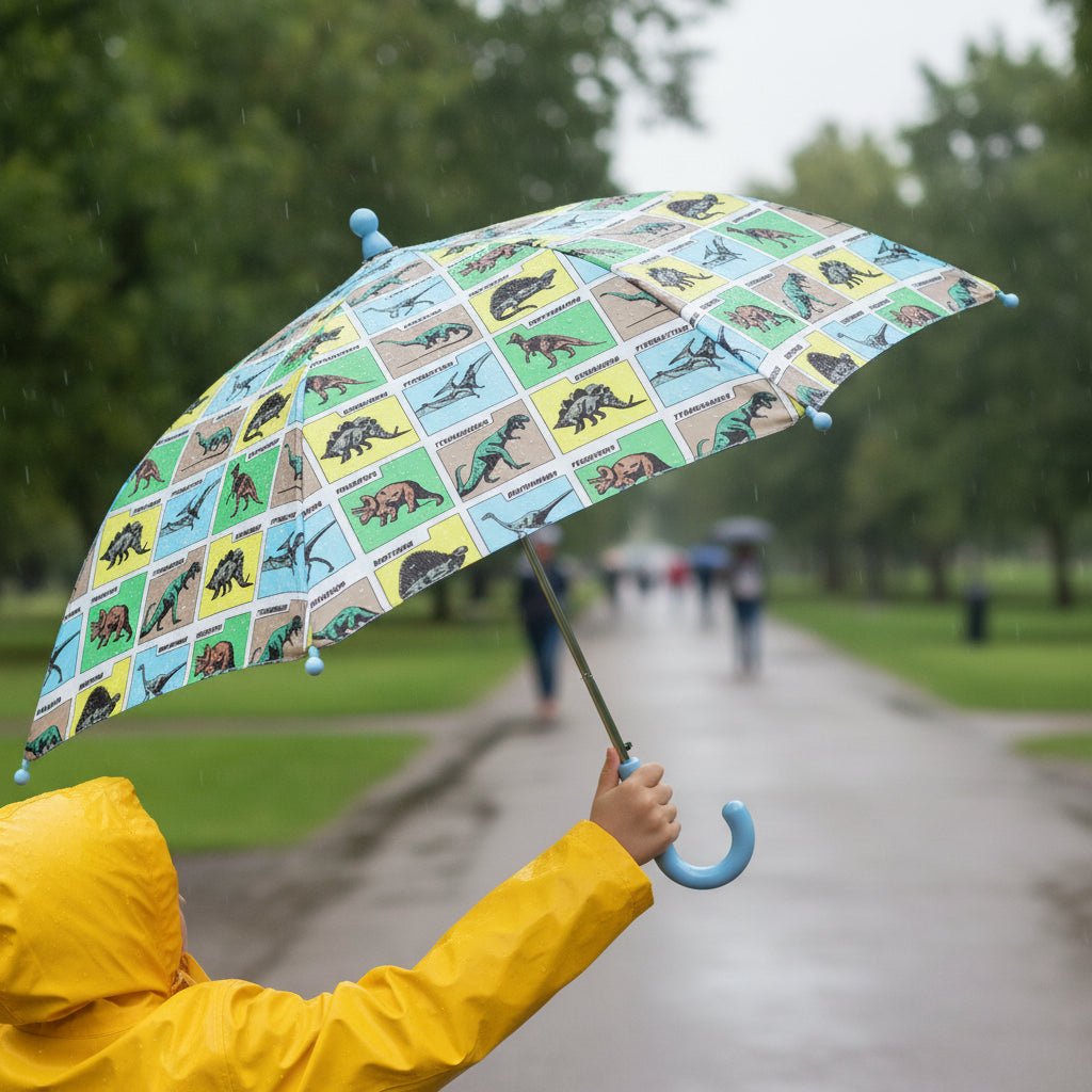 Child holding dinosaur umbrella open in the rain in yellow raincoat