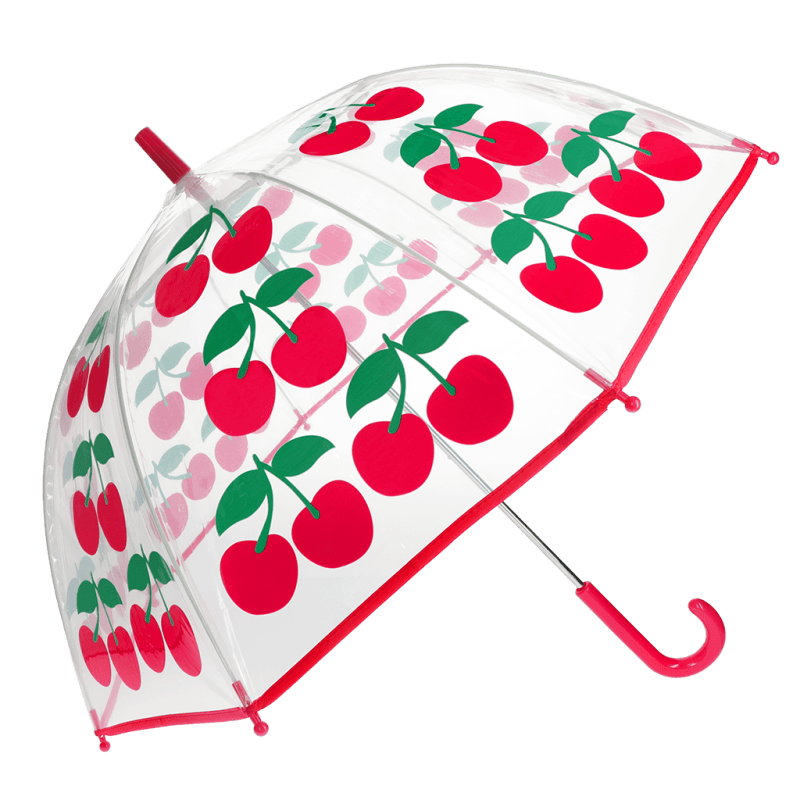 Cherry design clear dome umbrella open showing full canopy and red handle