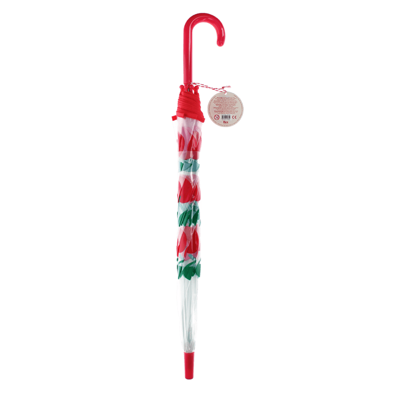 Cherry transparent umbrella closed showing swing tag and red handle