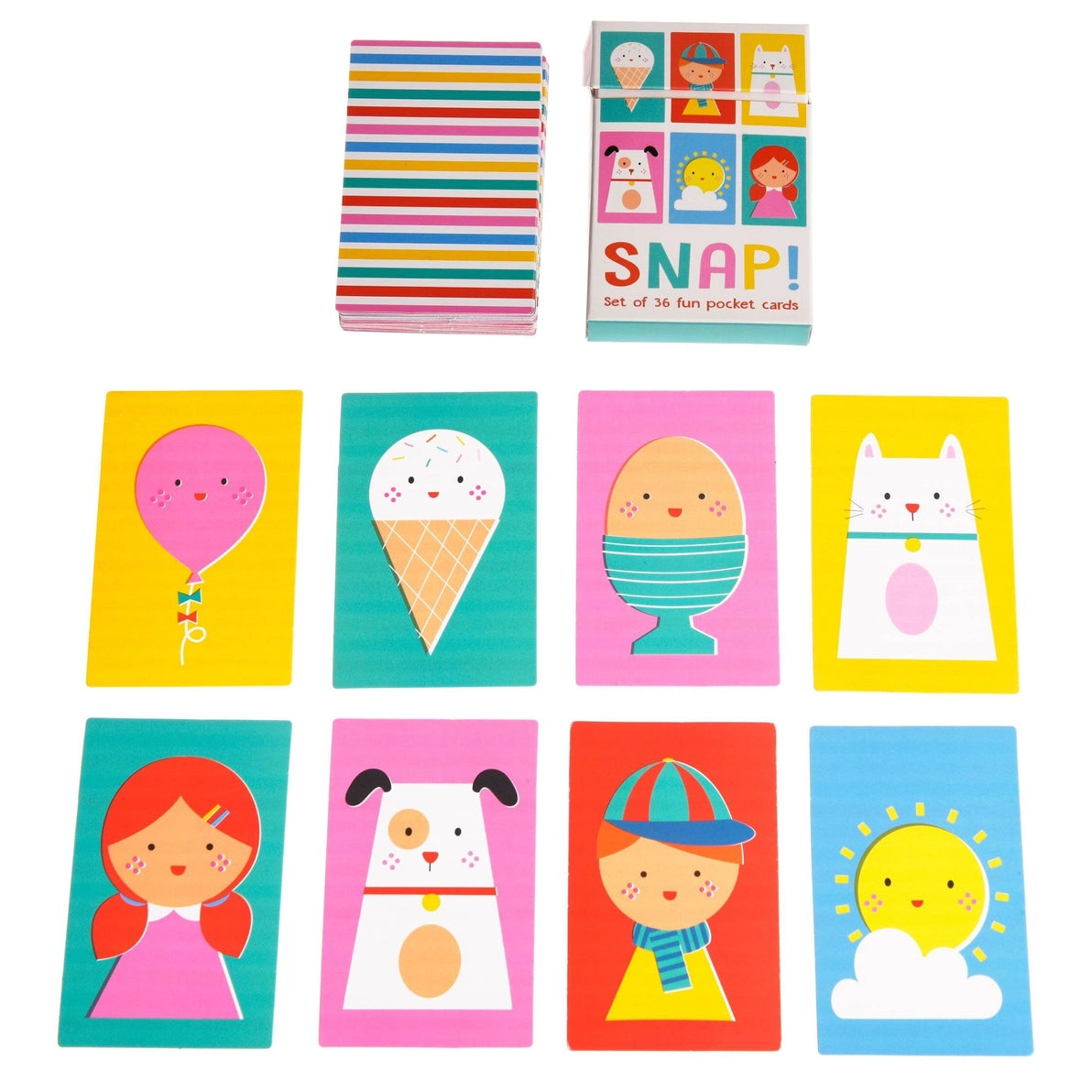 Children’s Snap Cards laid out with bright and playful designs.