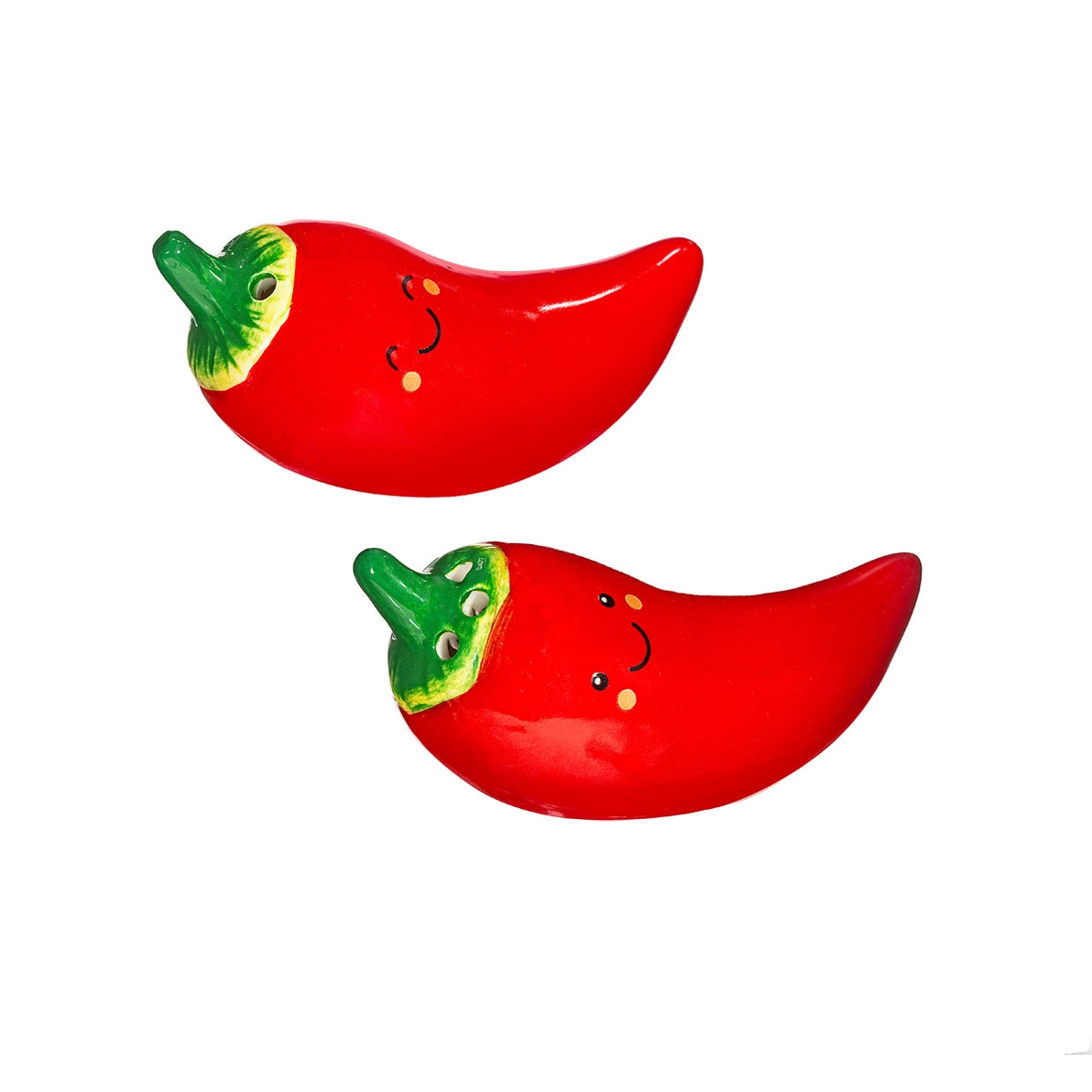 Chilli Salt & Pepper Set by Sass & Belle – red ceramic chilli-shaped shakers with smiley faces, perfect quirky kitchen and dining table accessory.