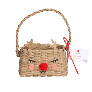 Eco-friendly reindeer-shaped woven basket with handle, red Rudolph nose, and festive tag from Talking Tables.