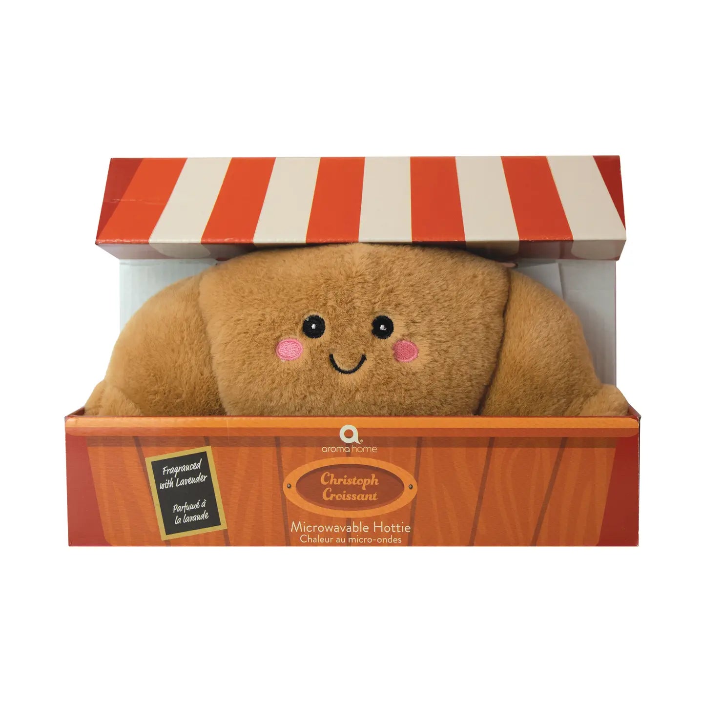 Christoph Croissant Microwavable Hottie in gift box with red and white striped lid.