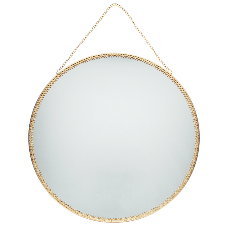 Front view of round gold hanging mirror with delicate chain and slim vintage-inspired frame.