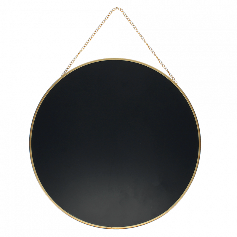Back view of circular gold tone mirror showing dark backing and hanging chain detail.