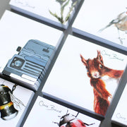 Clare Baird sticky notes collection displayed on a table featuring charming Scottish wildlife and countryside designs, including a Land Rover, red squirrel, pheasant, robin, bee, and thistle illustrations, each pad with Clare Baird’s signature on white paper.