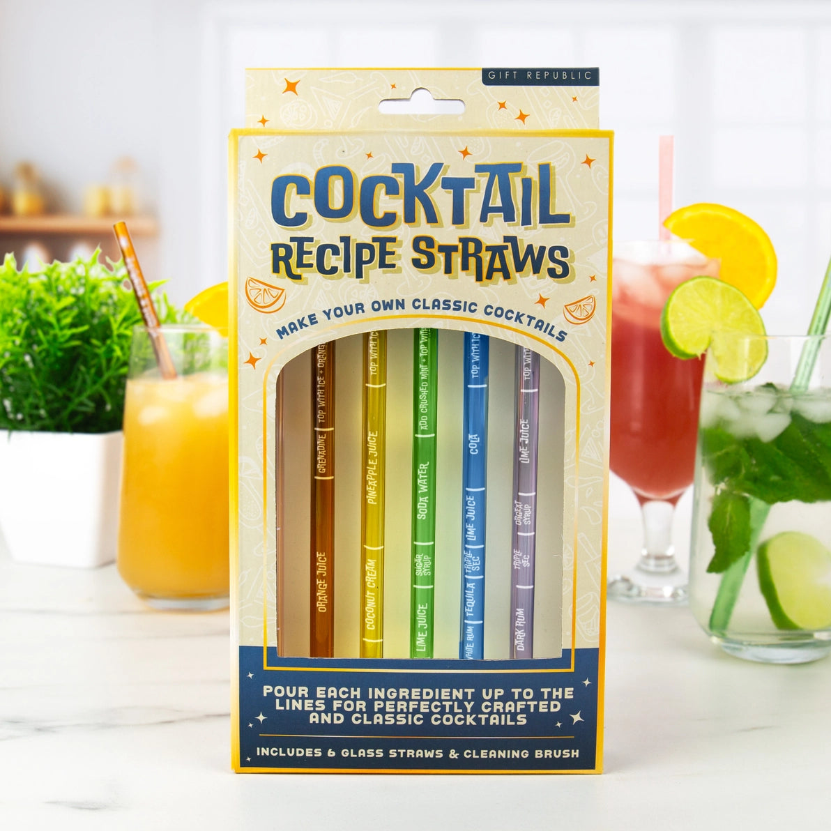 Cocktail Recipe Straws gift set packaging with colourful reusable glass straws, shown on a bright bar-style counter.