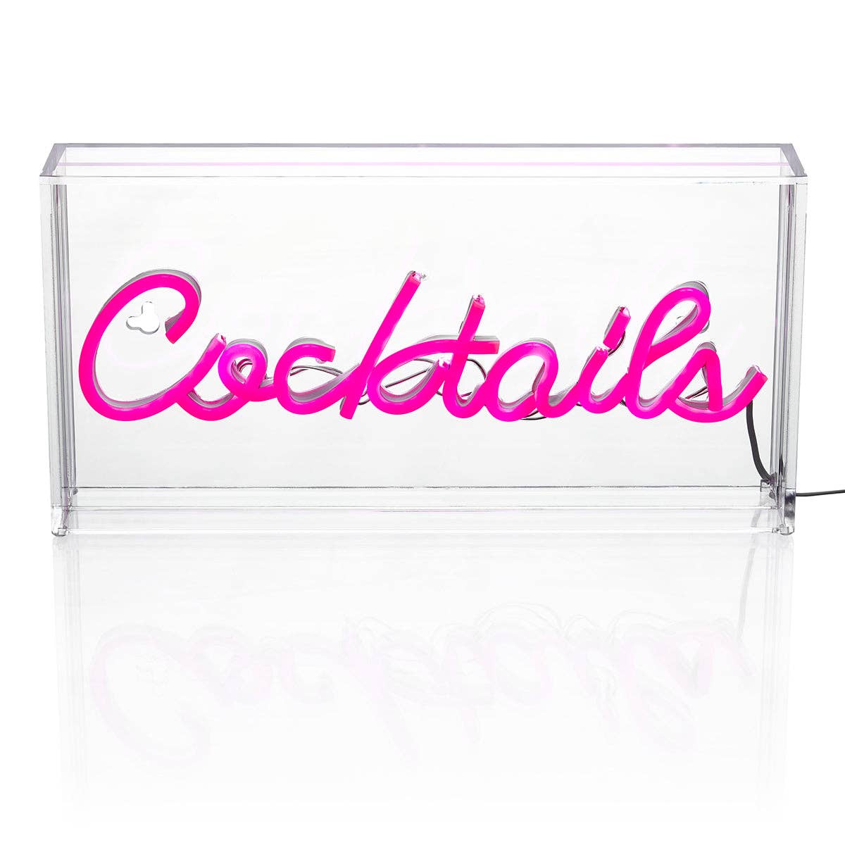 Clear acrylic Cocktails sign with pink LED tubing.