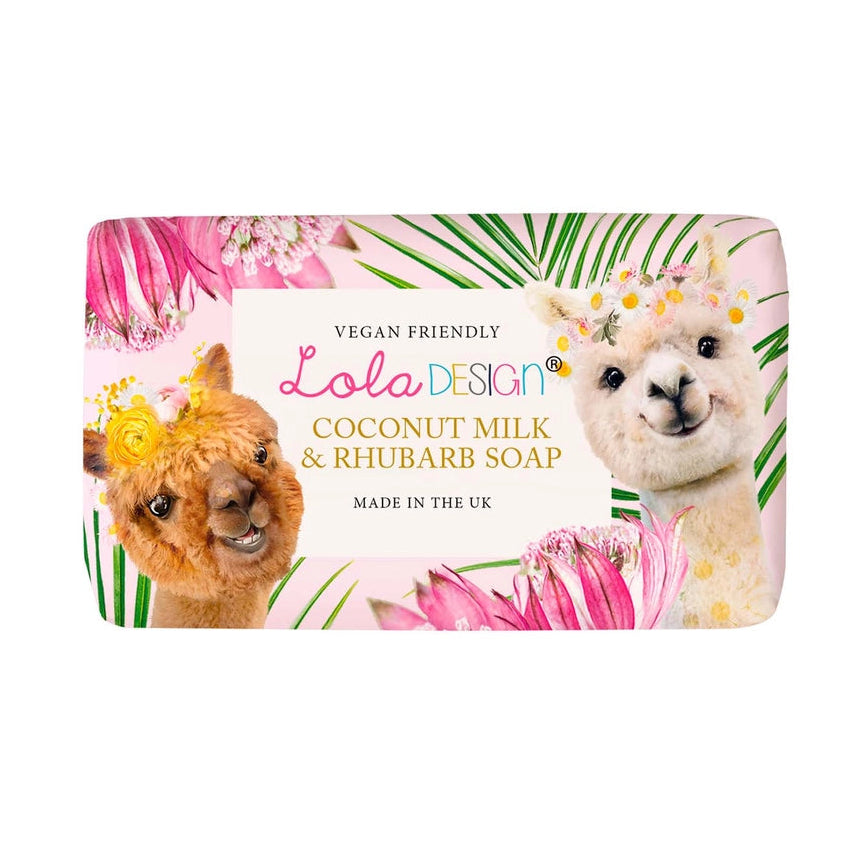 Coconut Milk & Rhubarb Vegan Friendly Alpacas Soap Bar by Lola Design with floral packaging.