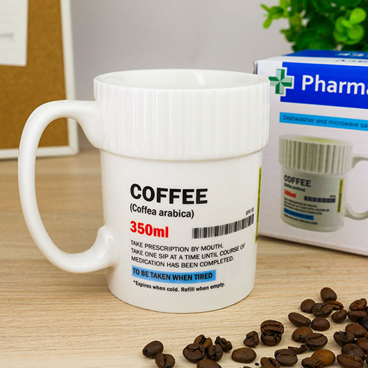 Ceramic Coffee Pill Mug with prescription label design and 350ml capacity.