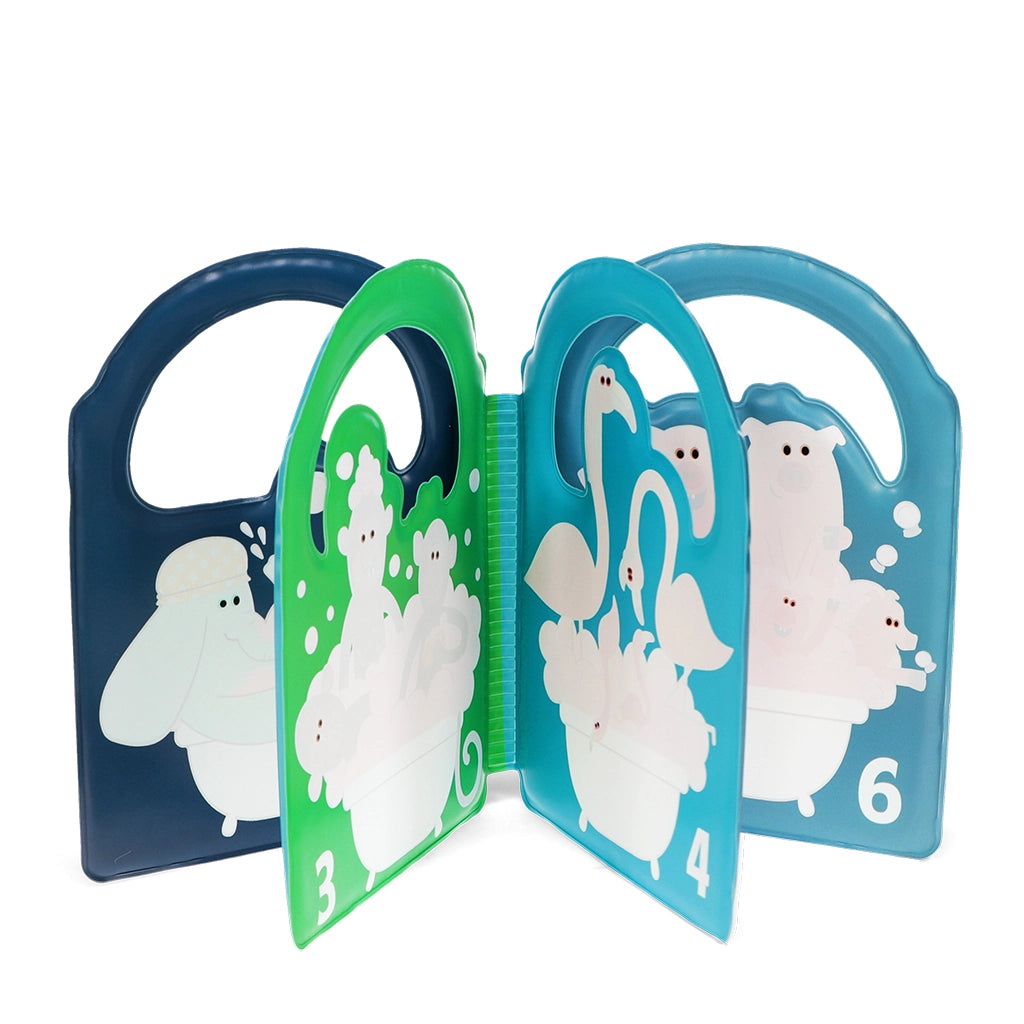 Open Colour Changing Bath Book showing animal counting scenes with elephants, monkeys, and flamingos.