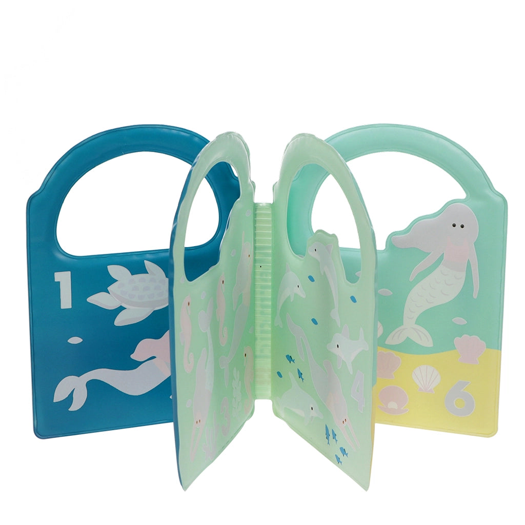 Open Mermaid Colour Changing Bath Book with counting scenes featuring mermaids, turtles, and dolphins.