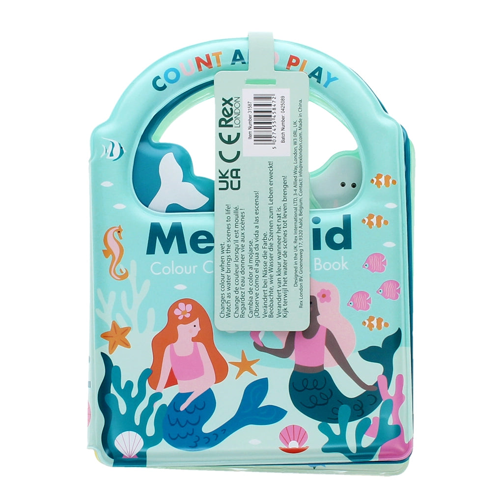 Back view of Mermaid Colour Changing Bath Book with product tag and underwater illustrations.