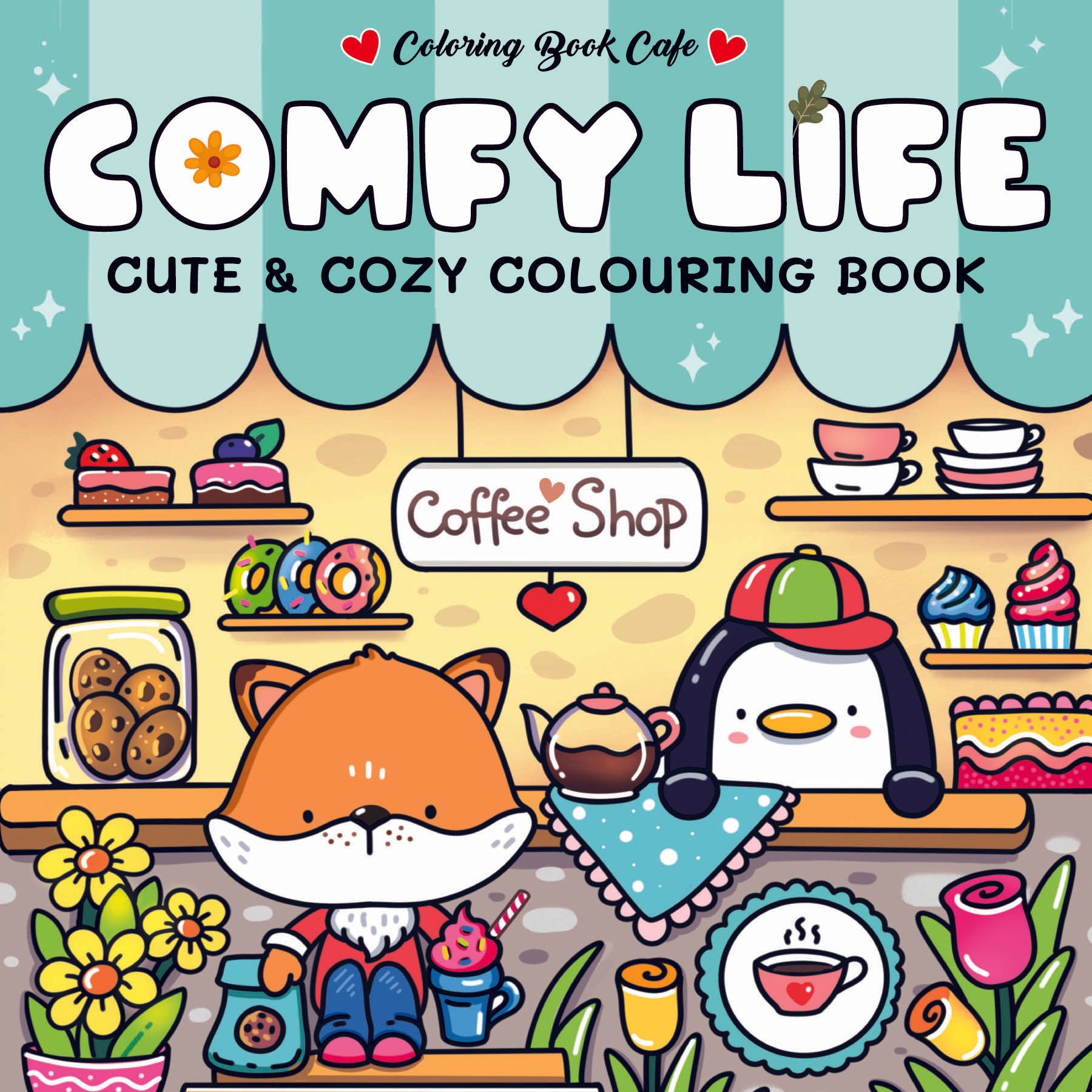 Comfy Life colouring book showing fox character in cosy coffee shop scene