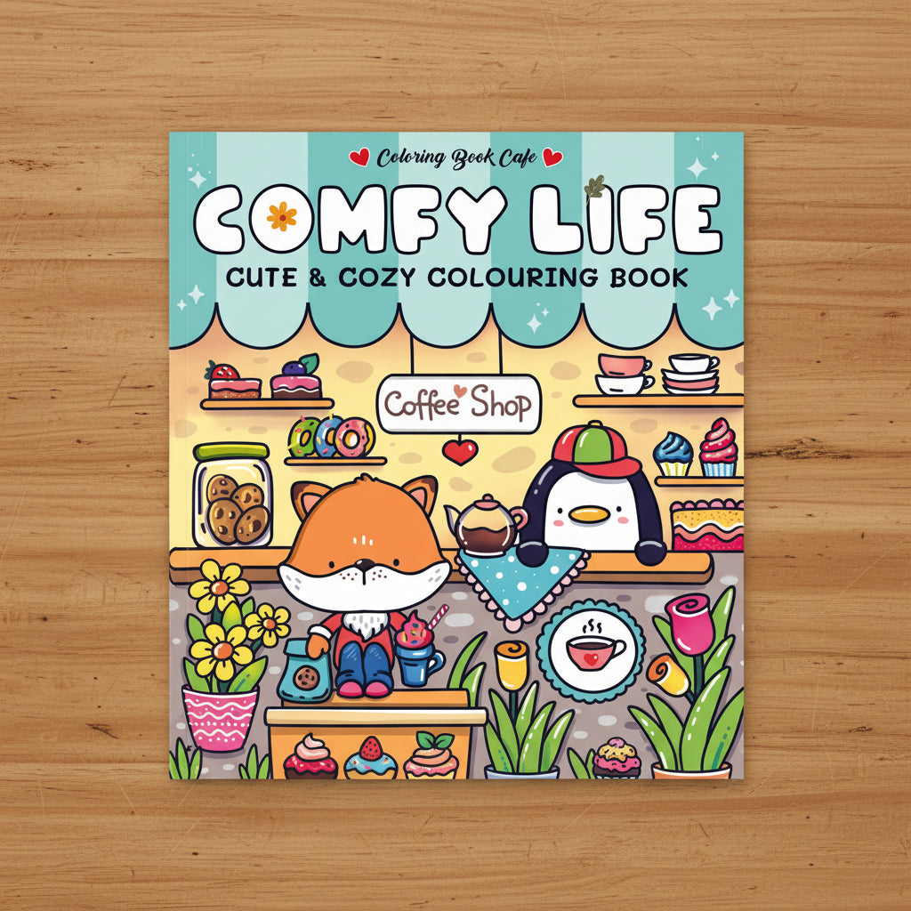 Comfy Life Cute and Cozy Colouring Book cover on mint green background