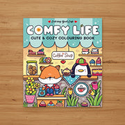 Comfy Life Cute and Cozy Colouring Book cover on mint green background