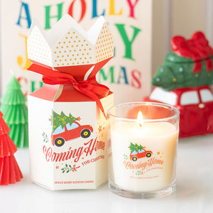 Coming Home For Christmas Spiced Berry Candle with red car and Christmas tree design in festive gift box.
