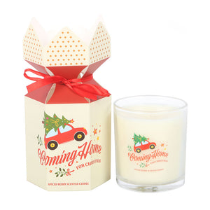 Festive spiced berry candle in glass holder with matching Christmas packaging.