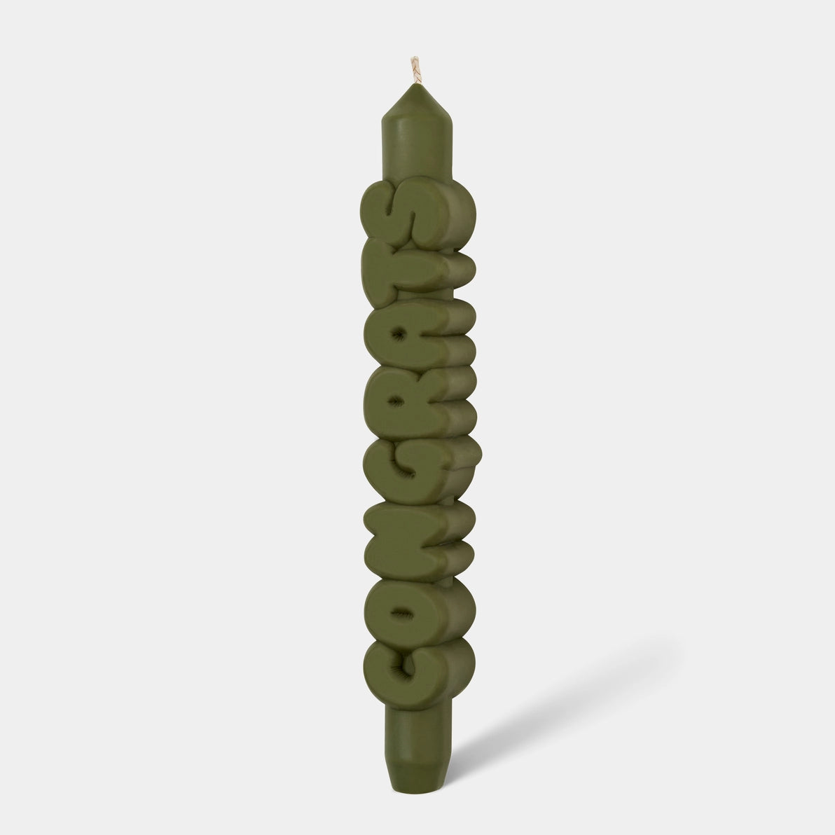 Front view of olive green ‘Congrats’ taper candle with sculpted bubble lettering, handcrafted from soy and paraffin wax blend, shown on a white background.