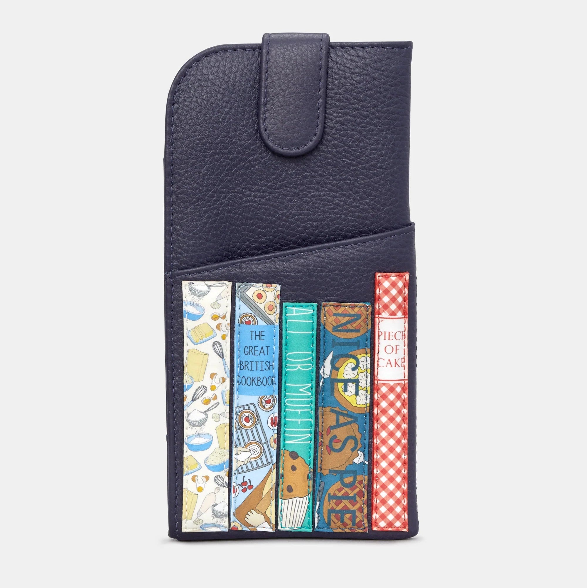 Cook Bookworm Library Leather Glasses Case with colourful cookbook appliques on navy leather front.