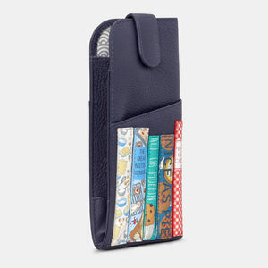 Side view of Yoshi Cook Bookworm Leather Glasses Case showing layered book spine detailing.