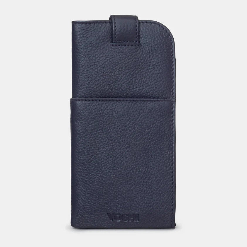 Back view of navy leather Yoshi glasses case with embossed logo and press-stud tab closure.