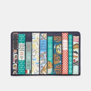 Front view of Yoshi Cook Bookworm Library Leather Purse featuring colourful cookbook appliqué design on navy leather.