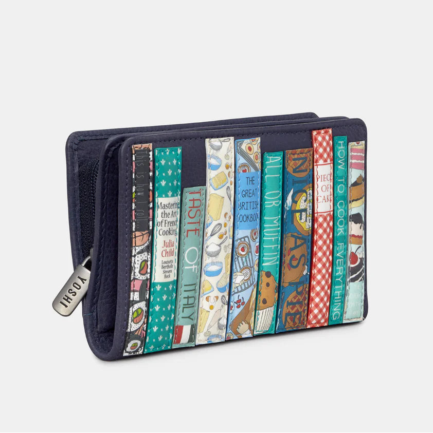 Side angle of Yoshi Cook Bookworm Library Zip Around Leather Purse with detailed book spine appliqués.