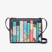 Cook Bookworm Parker Leather Cross Body Bag featuring colourful cookbook appliqués on navy leather front.