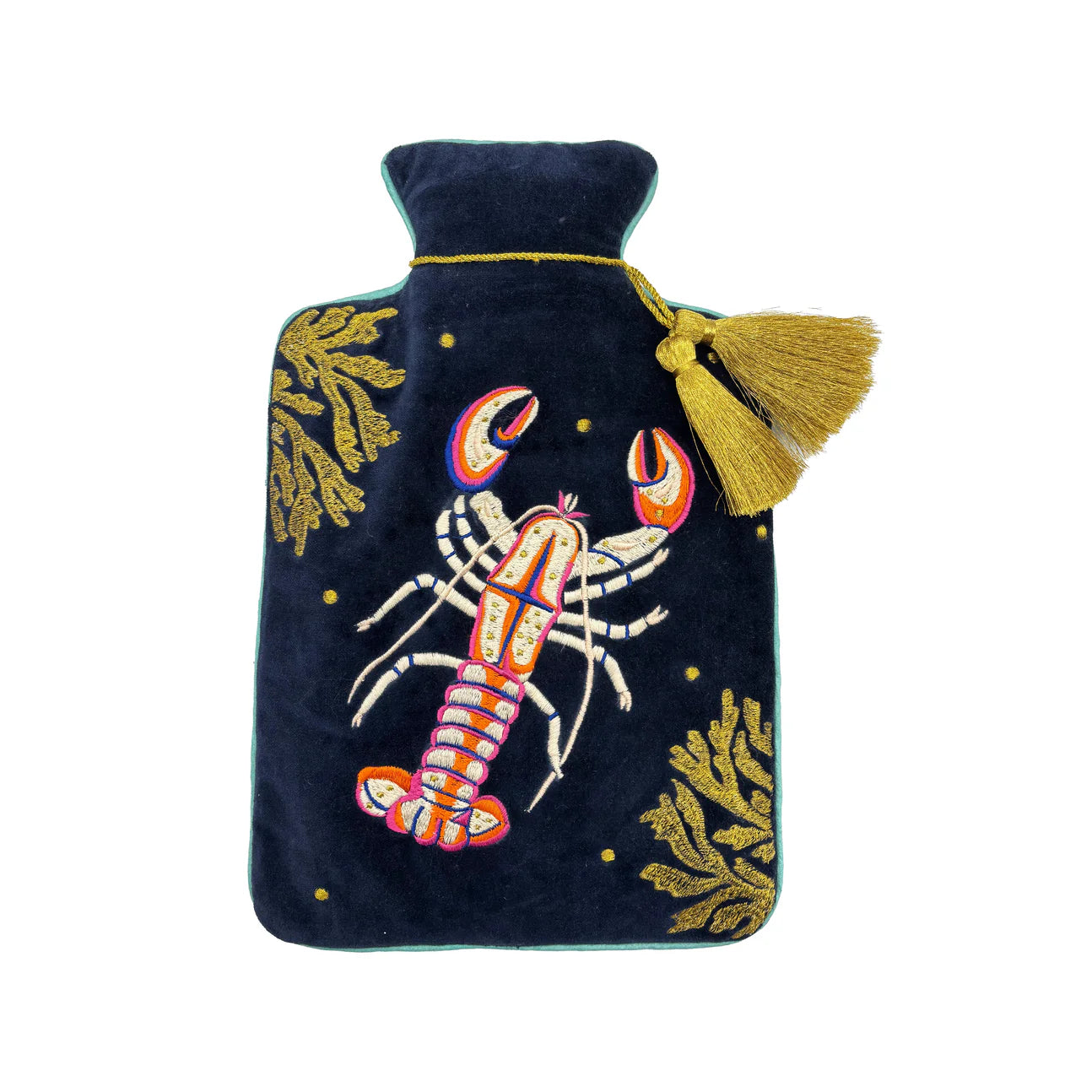 Coral Lobster Hot Water Bottle close-up – embroidered lobster with gold coral on navy velvet cover.