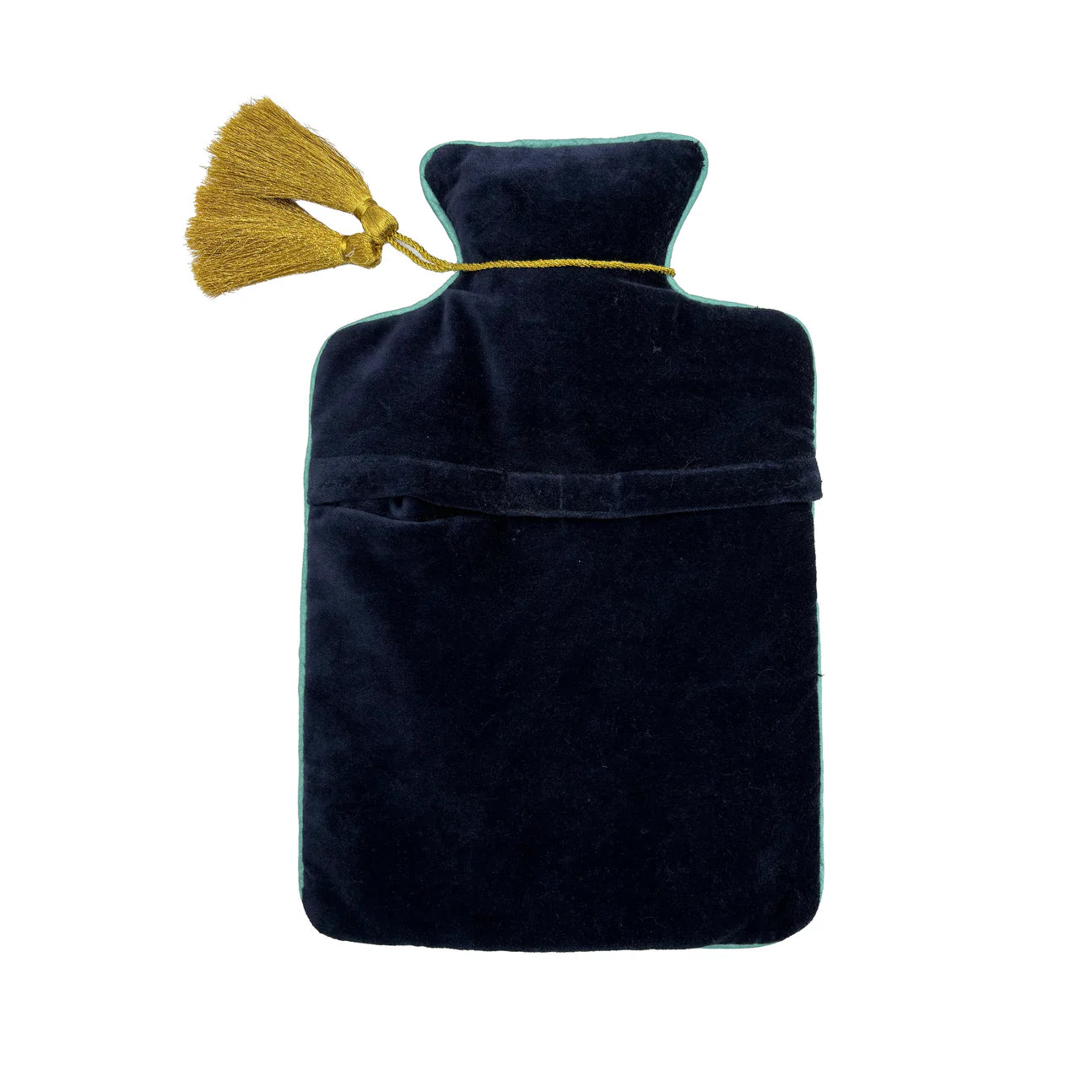 Reverse side of Coral Lobster Hot Water Bottle – navy velvet with tassel accent.