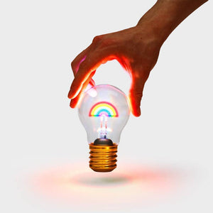 Rechargeable rainbow lightbulb being held on white background – USB cordless LED light