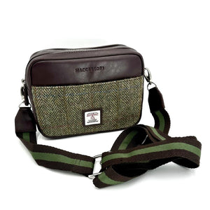 Country Green Herringbone: Classic Country Green Herringbone Harris Tweed Camera Bag with Brown vegan leather trim. With a brown and green removable strap.