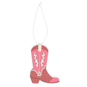 Unpackaged Cowboy Boot Air Freshener hanging, showcasing its brown and pink vintage-inspired design.