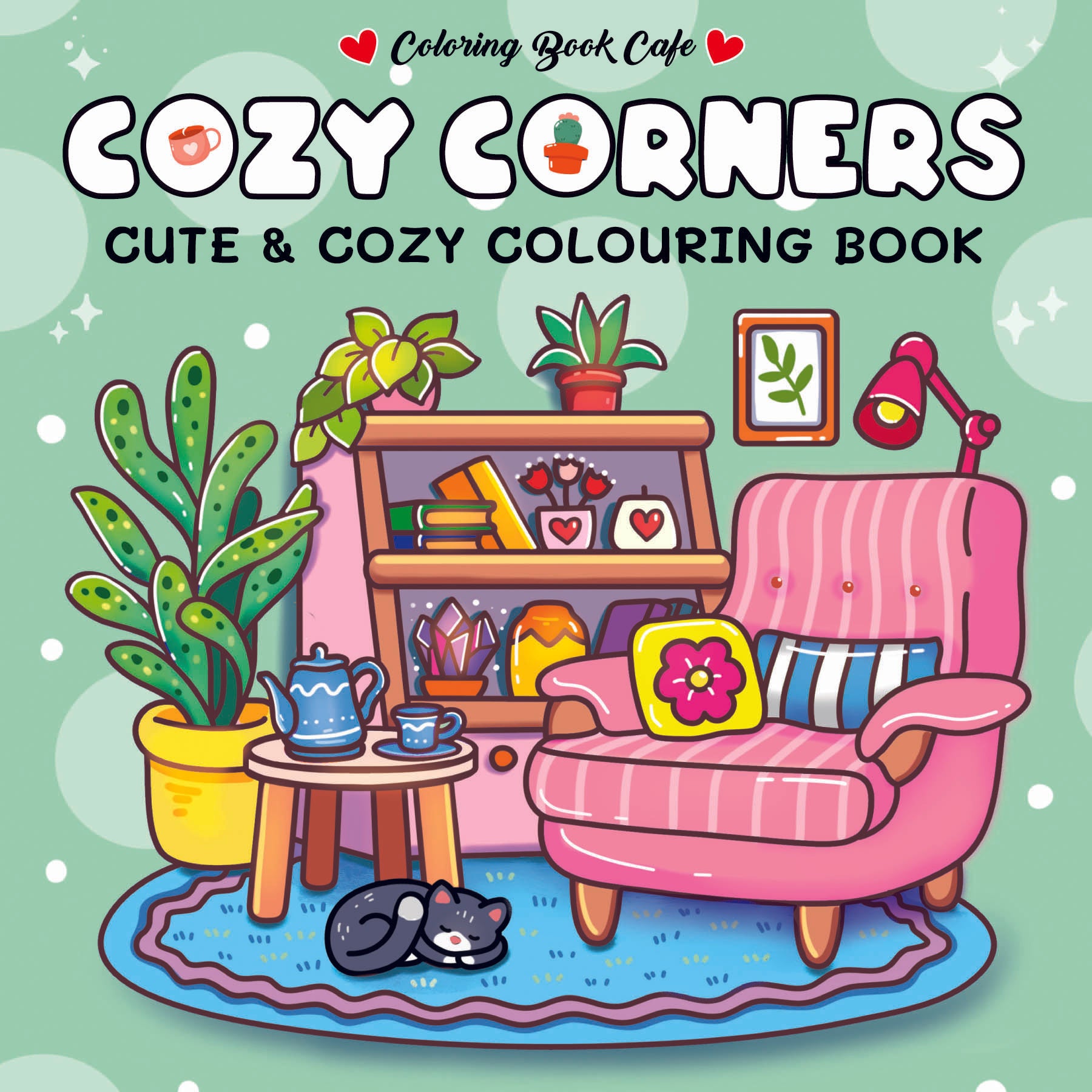 Cozy Corners colouring book showing detailed interior scene design