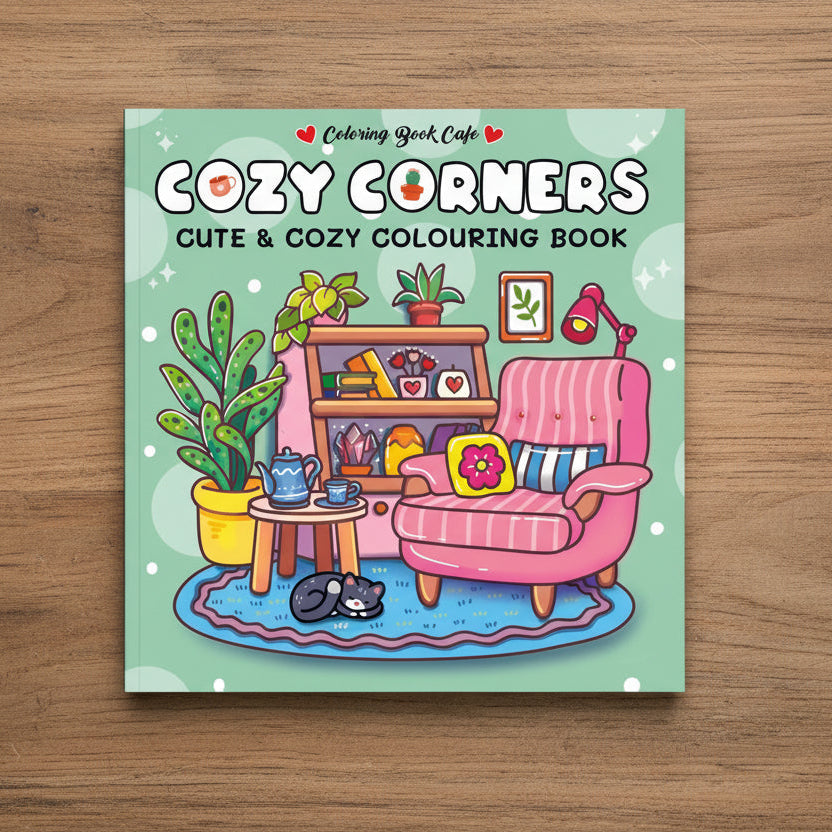 Cozy Corners Cute and Cozy Colouring Book cover with cosy room illustration