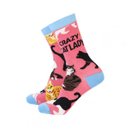 Pair of Women’s Crazy Cat Lady Bamboo Socks featuring a playful cat-themed design in bright colours.